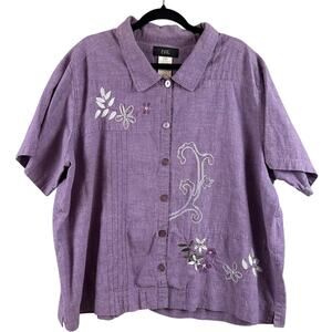 EVR Embroidered Button Down Women's Size 26/28 Purple Casual Floral Beaded Boho